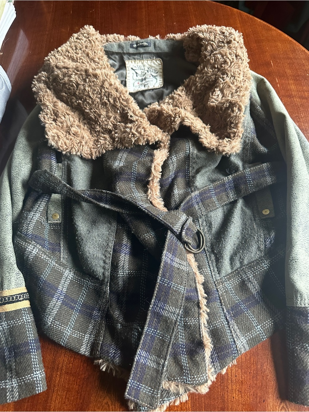 Womens Brown Plaid Jacket with Faux Shearling Collar